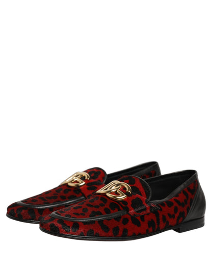 Red Leopard Print Pony Hair Dress Loafers Shoes