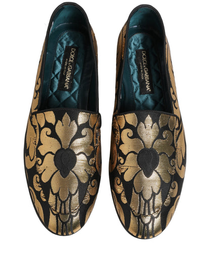 Black Gold Floral Jacquard Dress Loafers Shoes