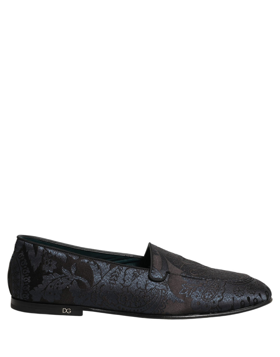 Blue Jacquard Leather Slip On Loafers Shoes