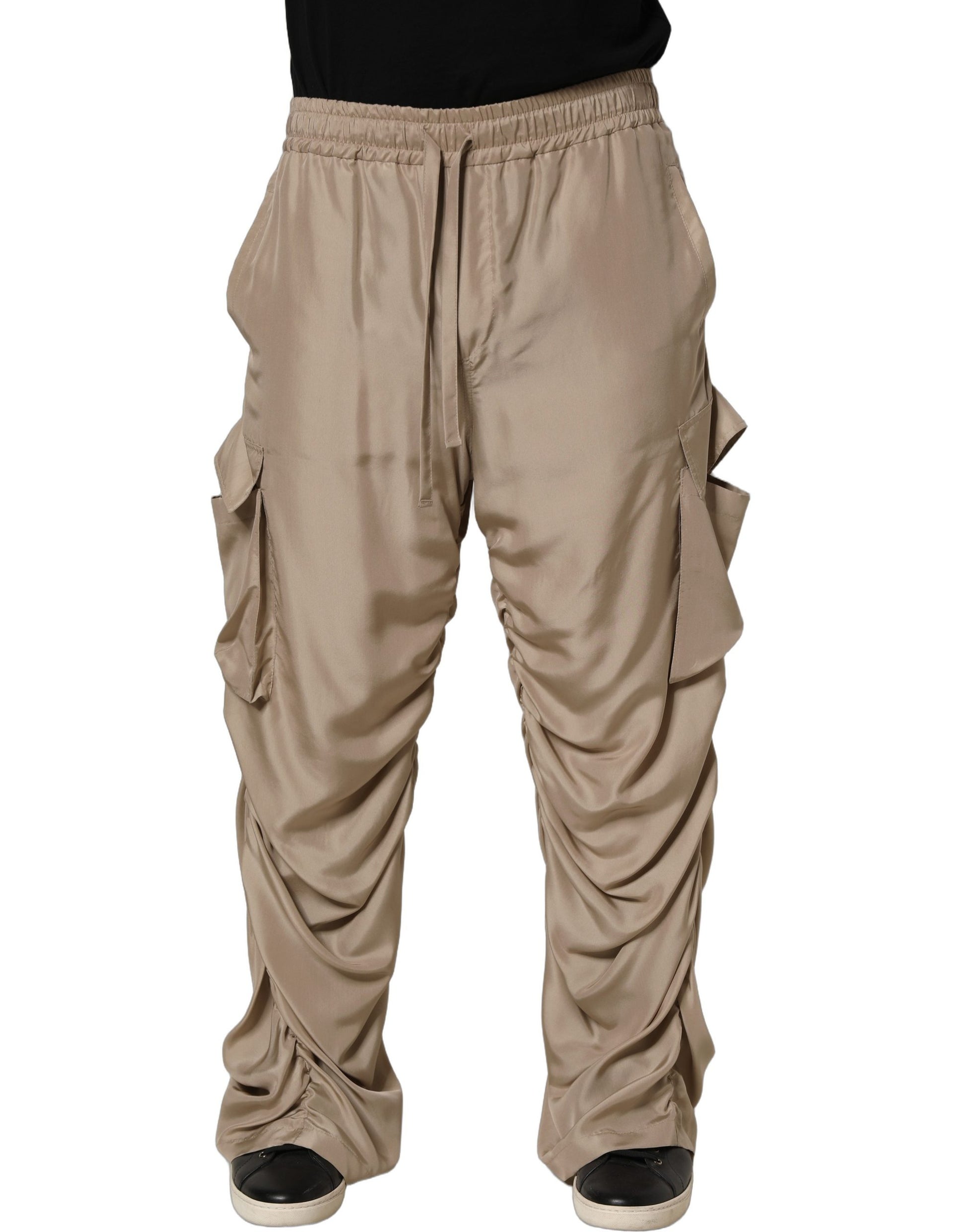 Brown Ruched Cargo Parachute Men Jogger Pants