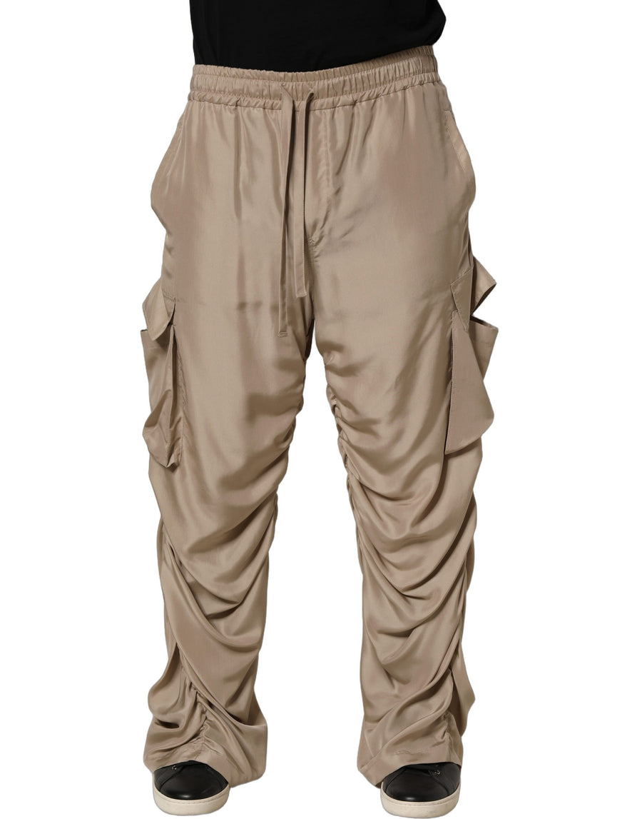 Brown Ruched Cargo Parachute Men Jogger Pants