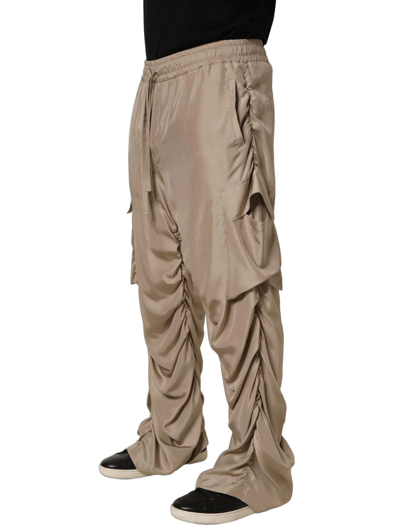 Brown Ruched Cargo Parachute Men Jogger Pants
