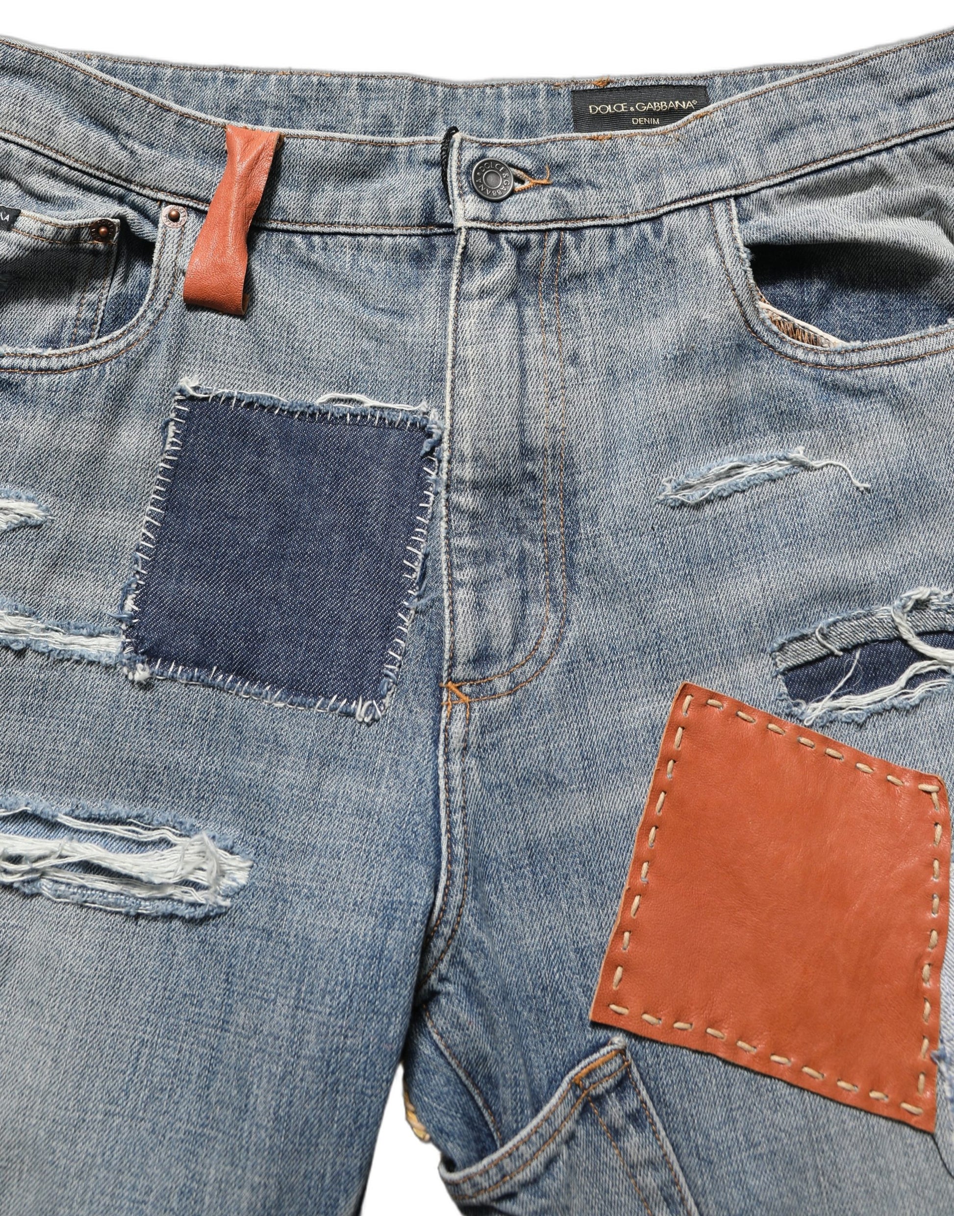 Blue Distressed Patchwork StraightDenim Jeans