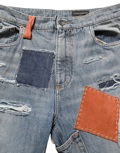 Blue Distressed Patchwork StraightDenim Jeans