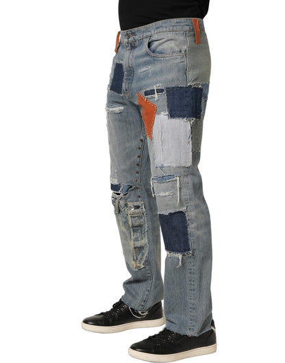 Blue Distressed Patchwork StraightDenim Jeans