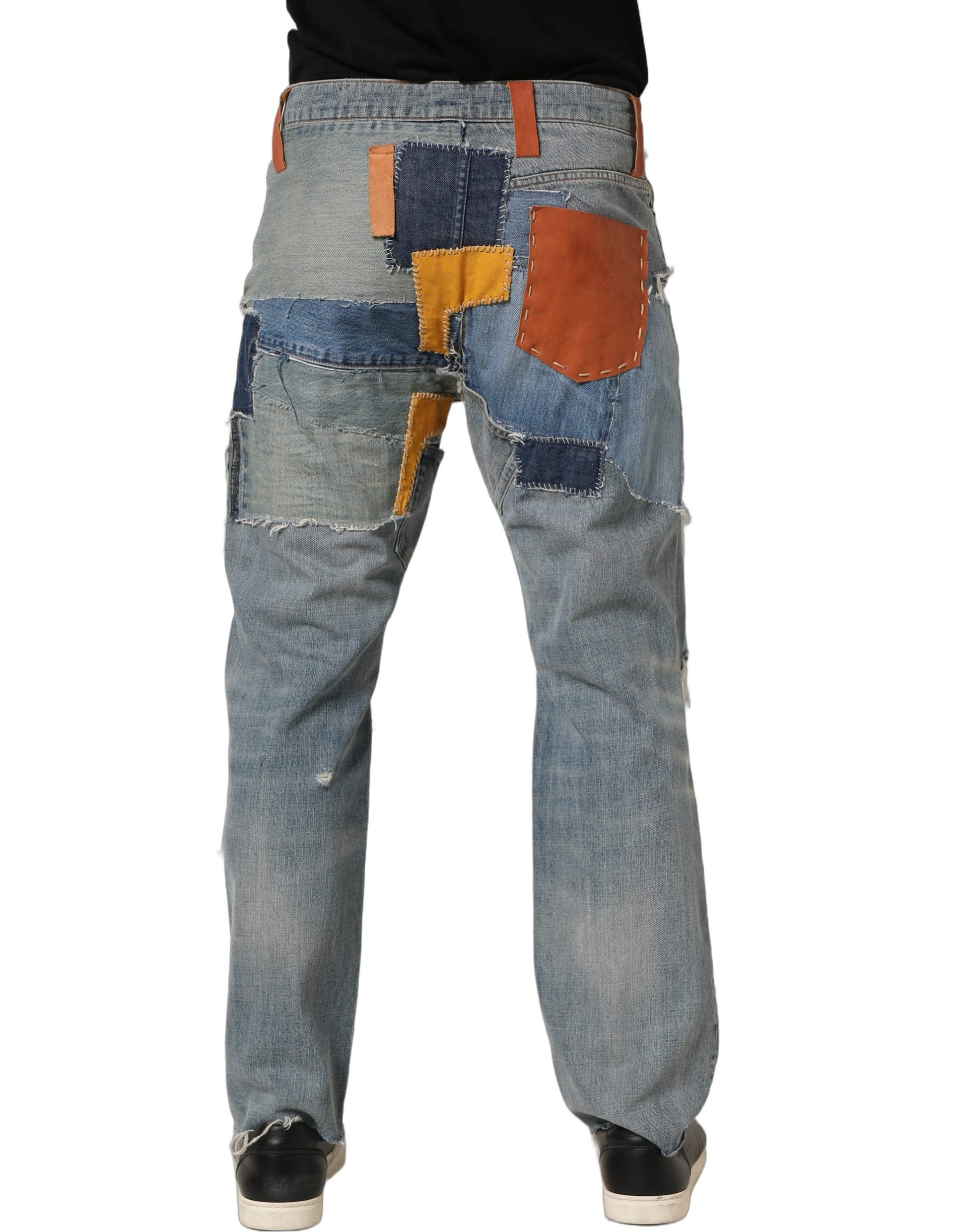 Blue Distressed Patchwork StraightDenim Jeans