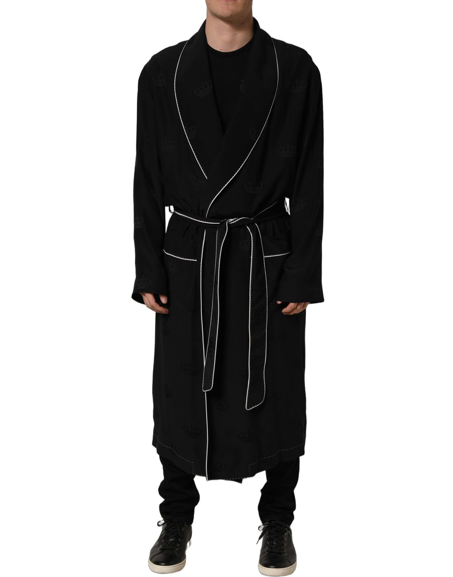 Black 100% Silk Robe Men Wrap Coat Jacket