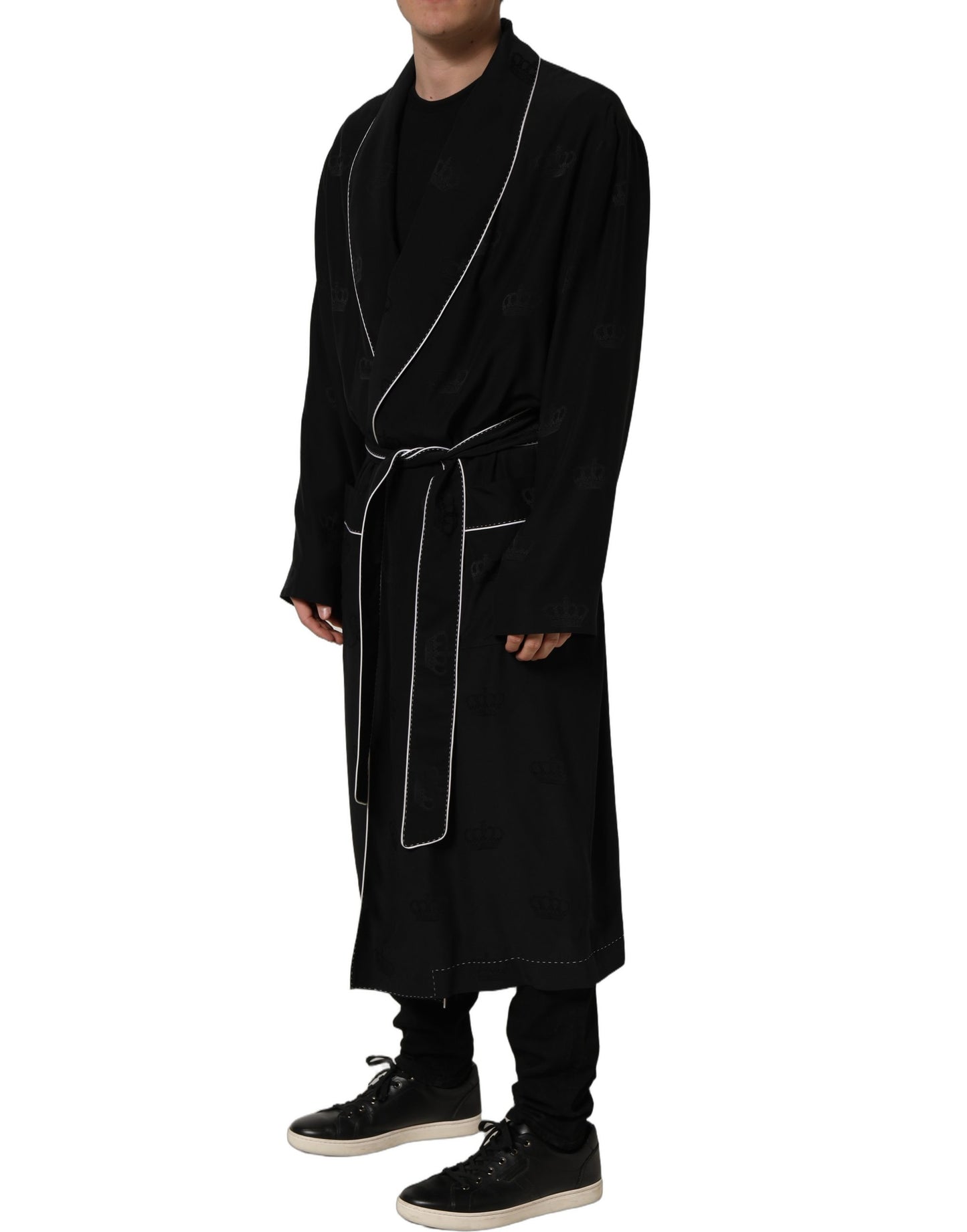 Black 100% Silk Robe Men Wrap Coat Jacket