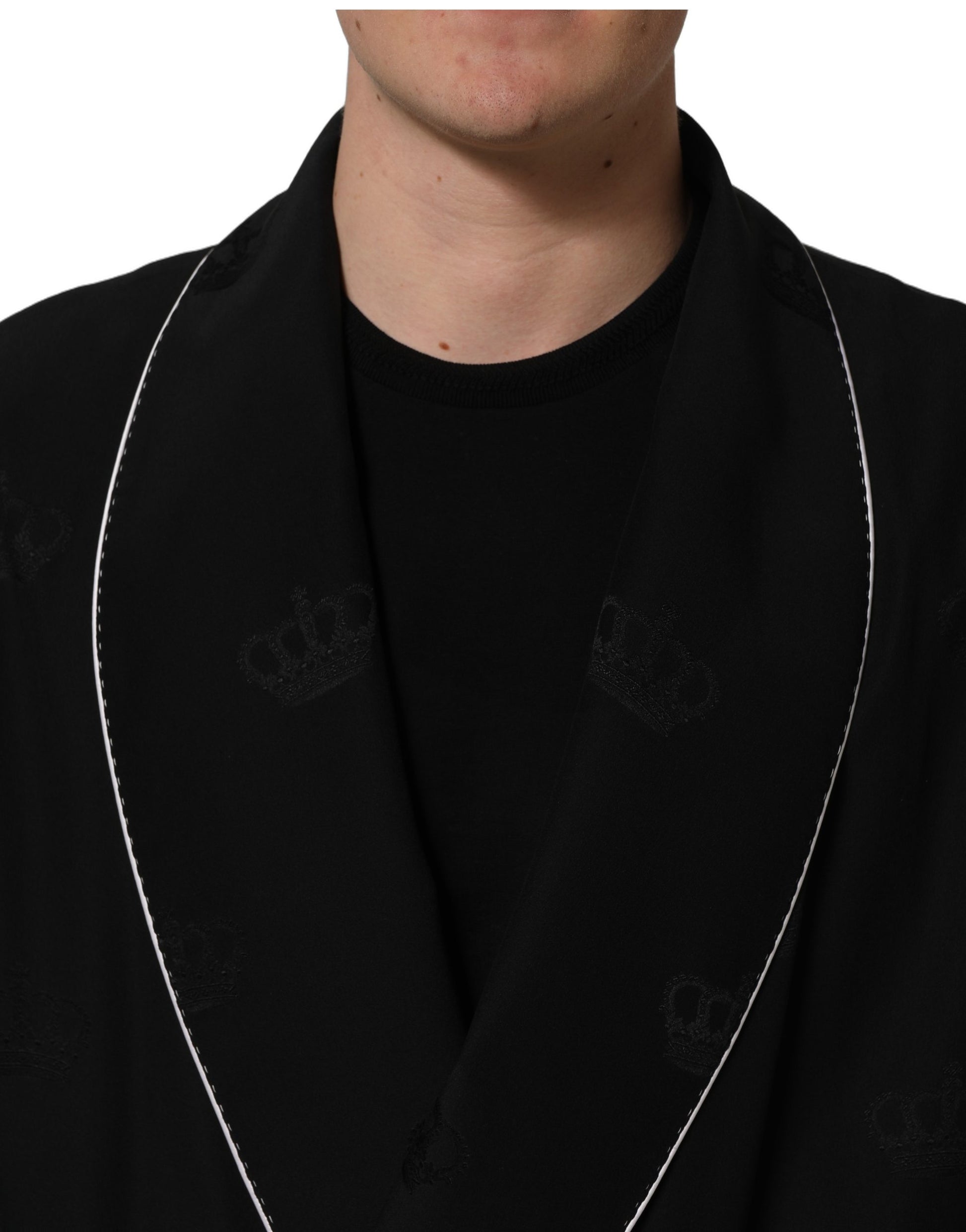 Black 100% Silk Robe Men Wrap Coat Jacket