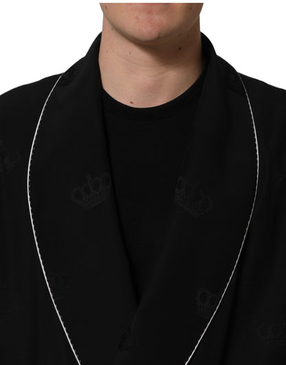 Black 100% Silk Robe Men Wrap Coat Jacket