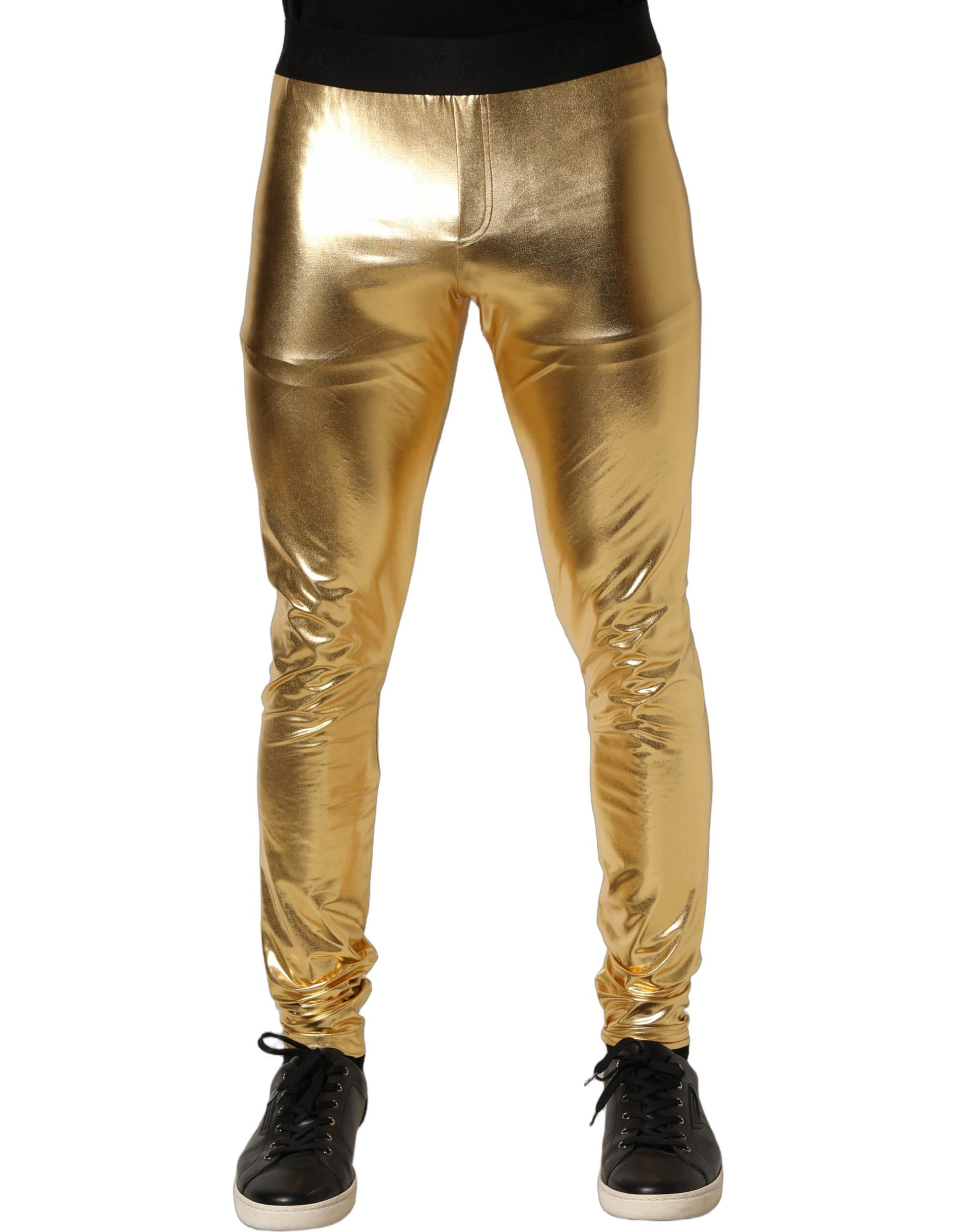 Gold Metallic Polyester Skinny Trousers Pants