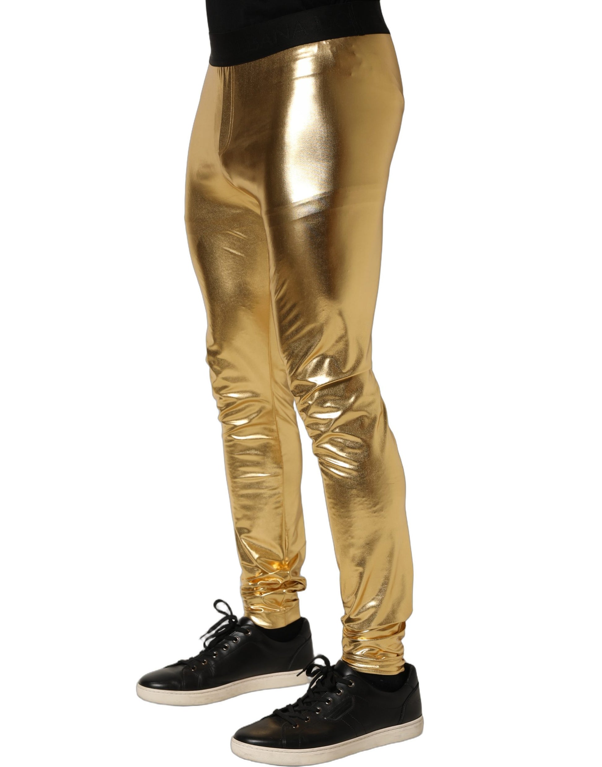 Gold Metallic Polyester Skinny Trousers Pants