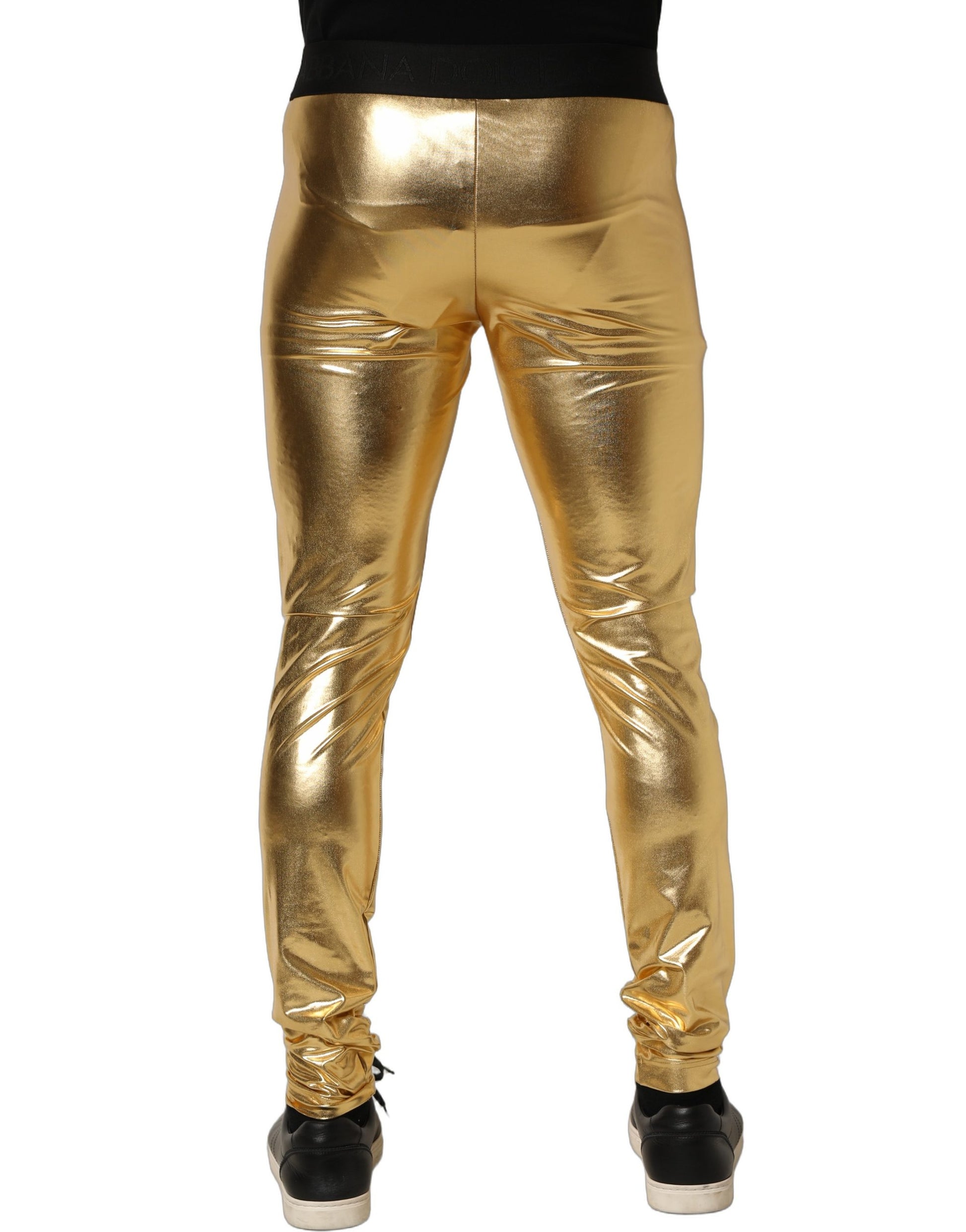 Gold Metallic Polyester Skinny Trousers Pants