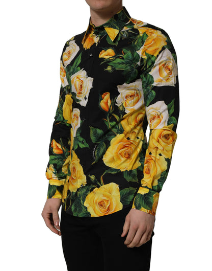 Black Floral Stretch Cotton SICILIA Fit Dress Shirt