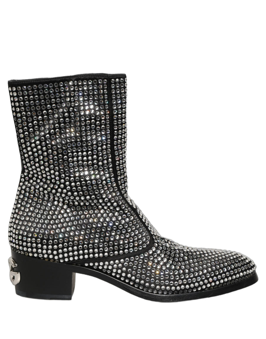 Black Crystal Embellished Ankle Boots Shoes