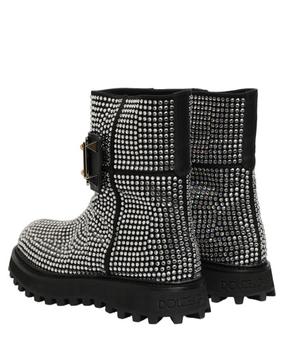Black Crystal Embellished Short Boots Shoes