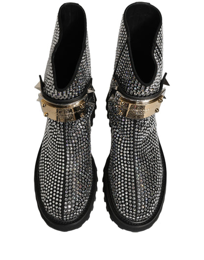 Black Crystal Embellished Short Boots Shoes