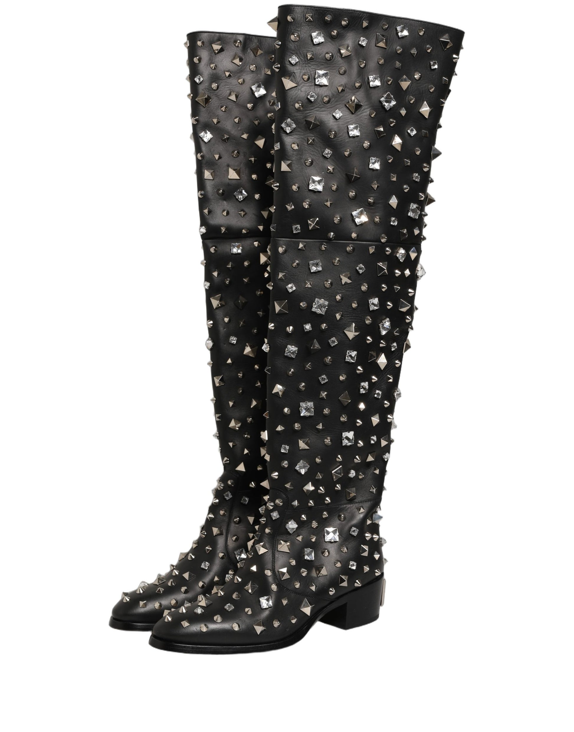 Black Crystal Embellished High Boots Shoes