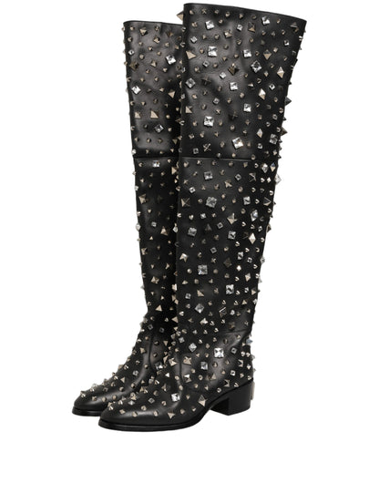 Black Crystal Embellished High Boots Shoes