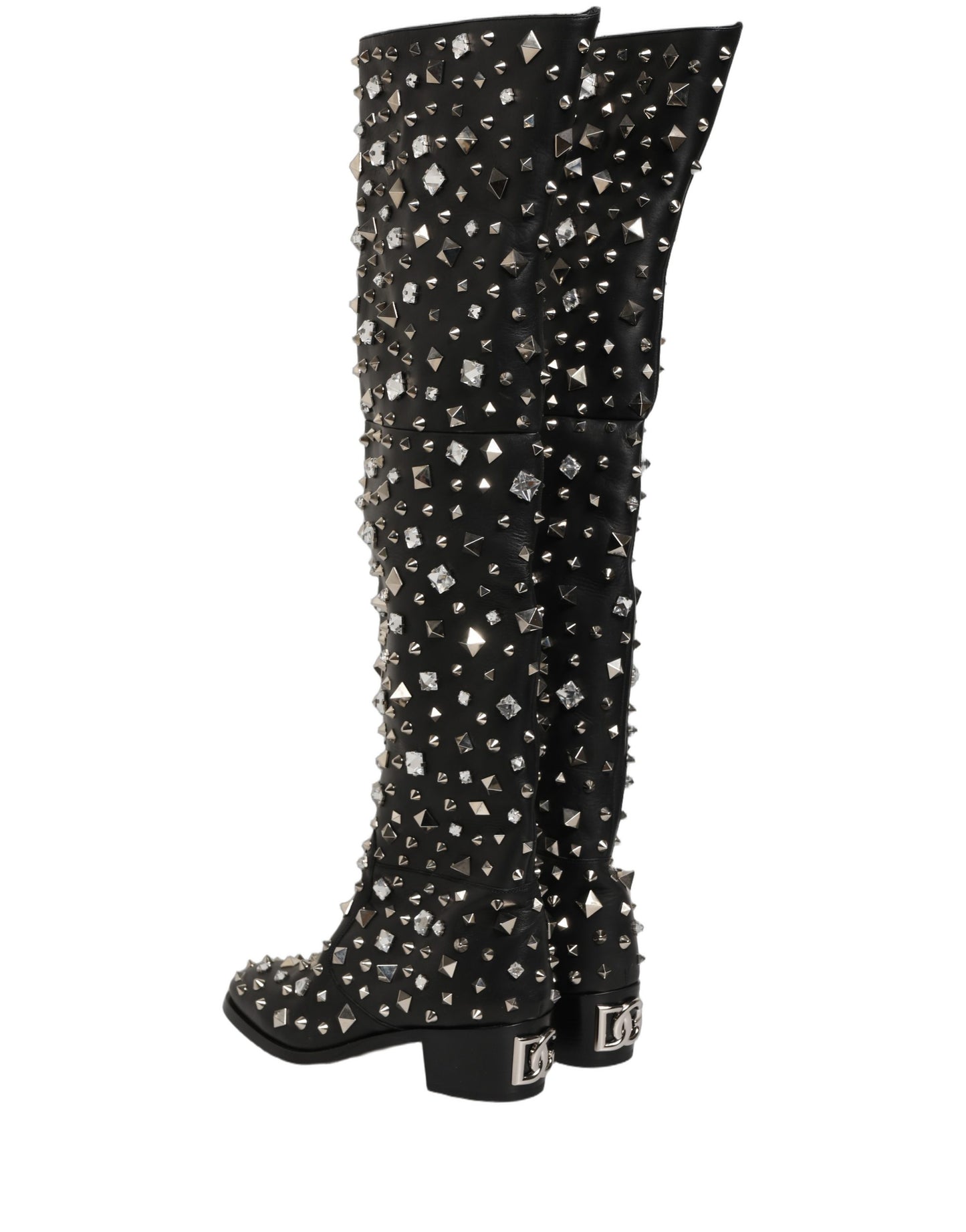 Black Crystal Embellished High Boots Shoes