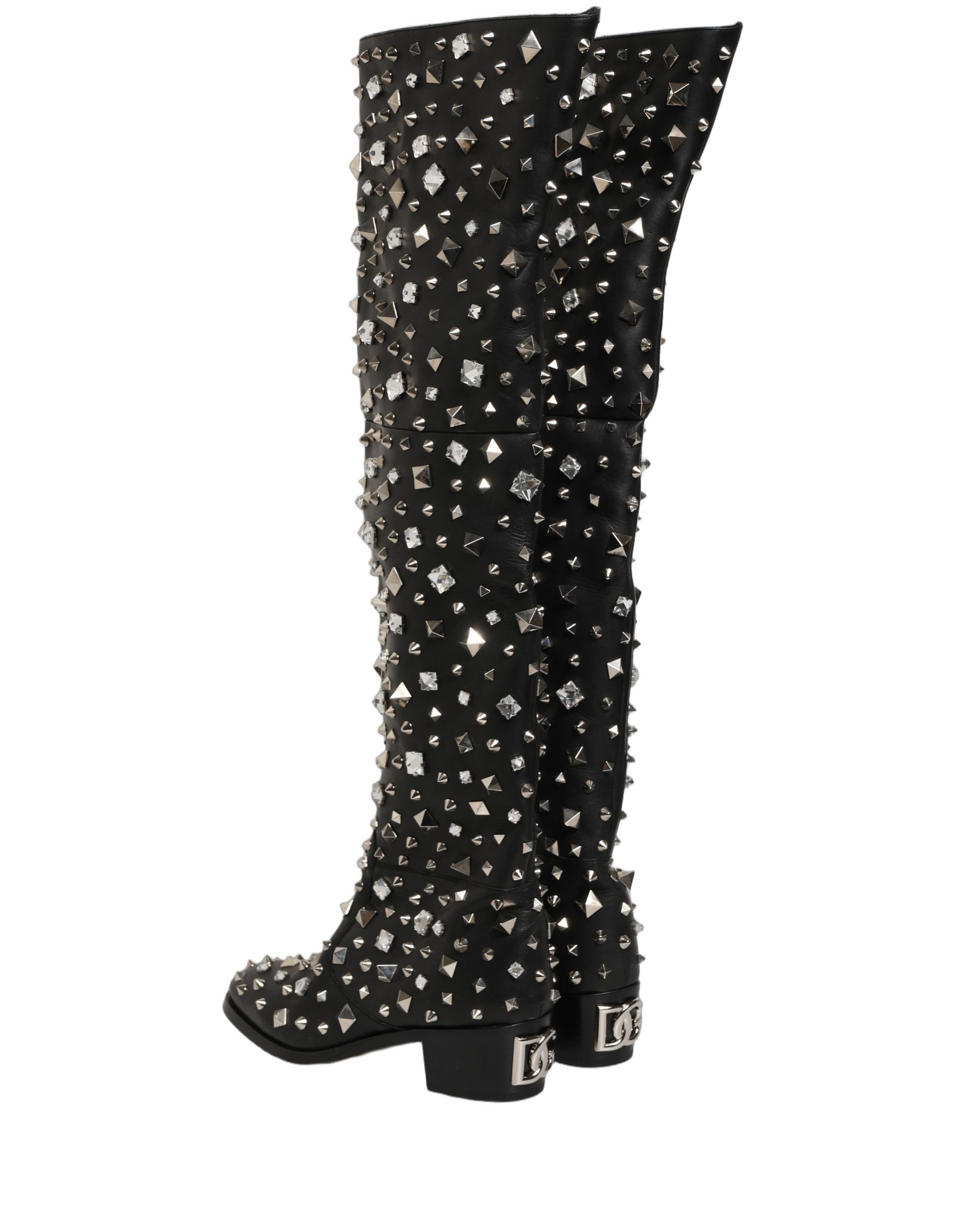 Black Crystal Embellished High Boots Shoes