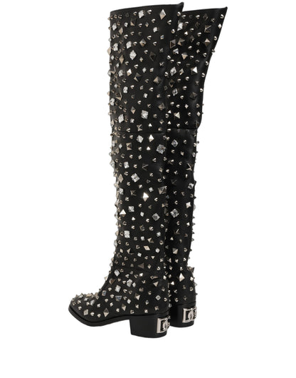 Black Crystal Embellished High Boots Shoes