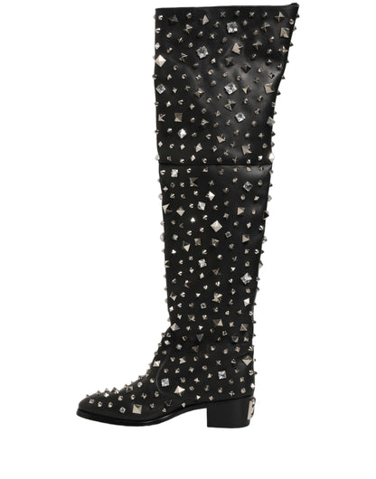 Black Crystal Embellished High Boots Shoes