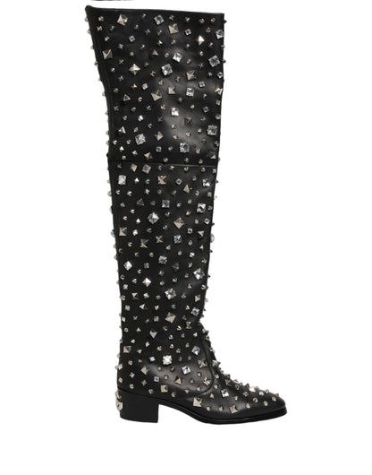 Black Crystal Embellished High Boots Shoes