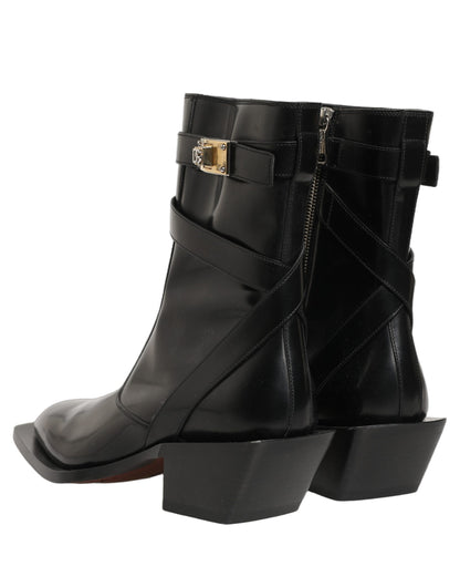 Black Leather DG Plaque Mid Calf Boots Shoes