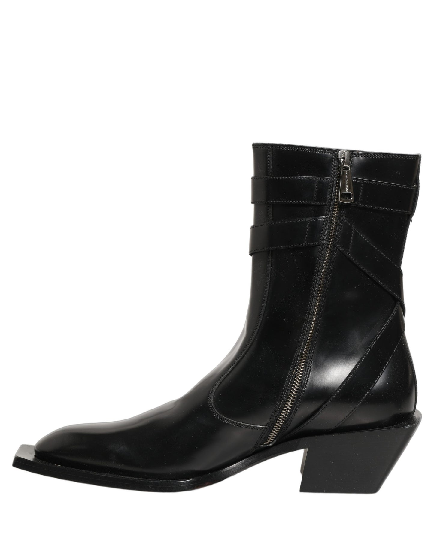 Black Leather DG Plaque Mid Calf Boots Shoes