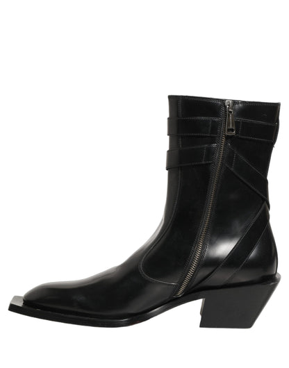 Black Leather DG Plaque Mid Calf Boots Shoes