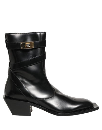 Black Leather DG Plaque Mid Calf Boots Shoes
