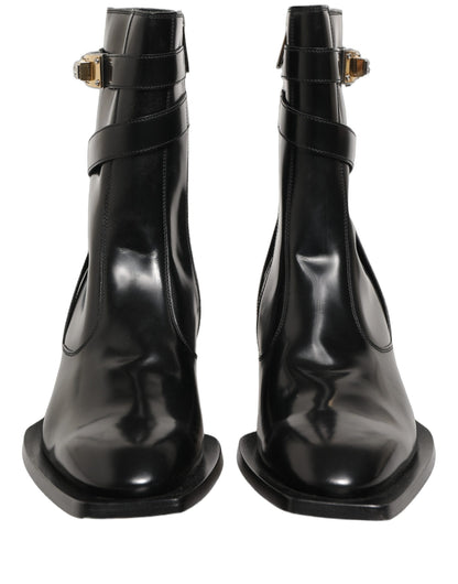 Black Leather DG Plaque Mid Calf Boots Shoes