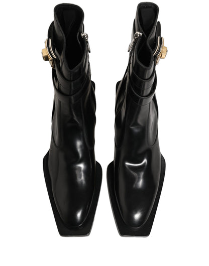 Black Leather DG Plaque Mid Calf Boots Shoes