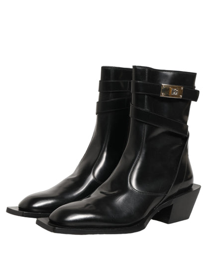 Black Leather DG Plaque Mid Calf Boots Shoes