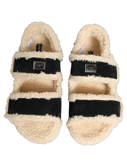 Beige Black Faux Fur Flats Men Sandals Shoes