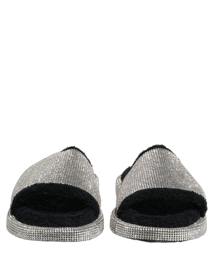 Black Crystal Embellished Platform Men Slides Shoes