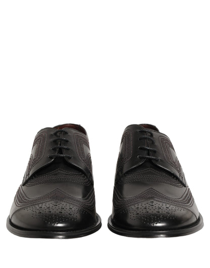 Black Embroidered Leather Derby Dress Shoes