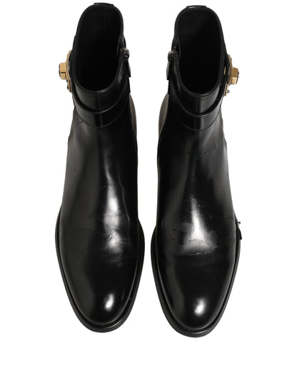 Black Leather Logo Buckle Mid Calf Boots Shoes