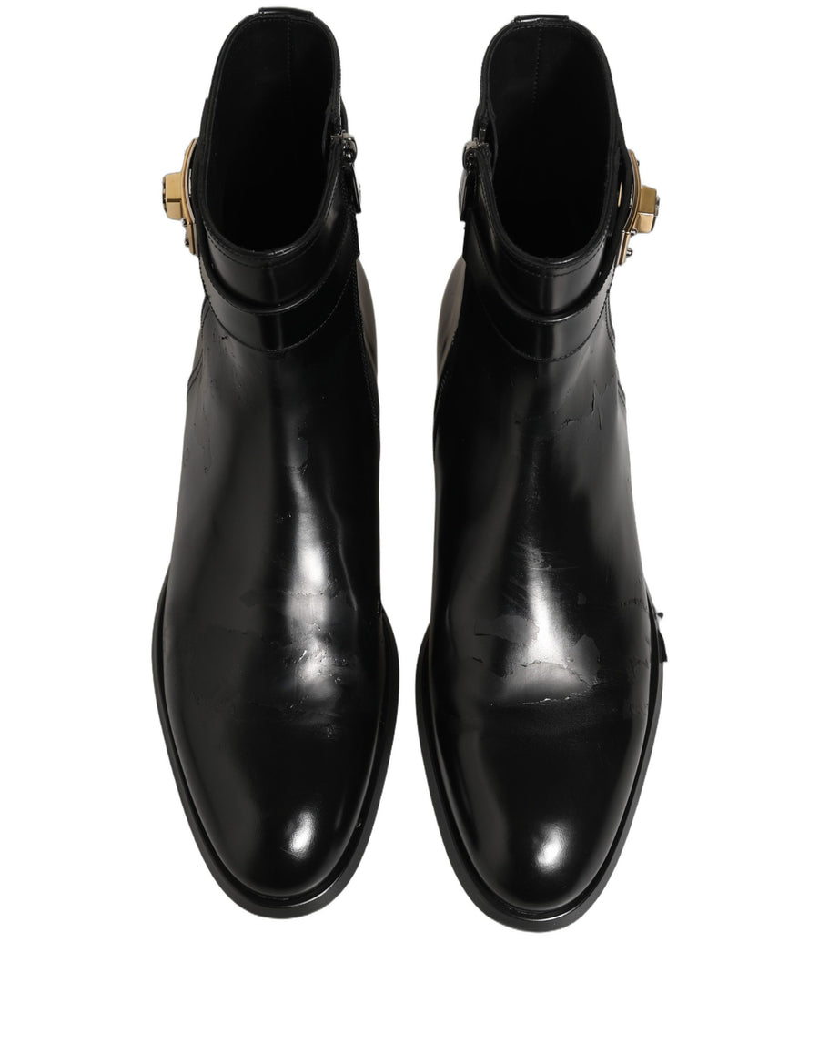 Black Leather Logo Buckle Mid Calf Boots Shoes