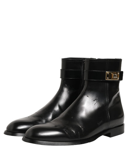 Black Leather Logo Buckle Mid Calf Boots Shoes