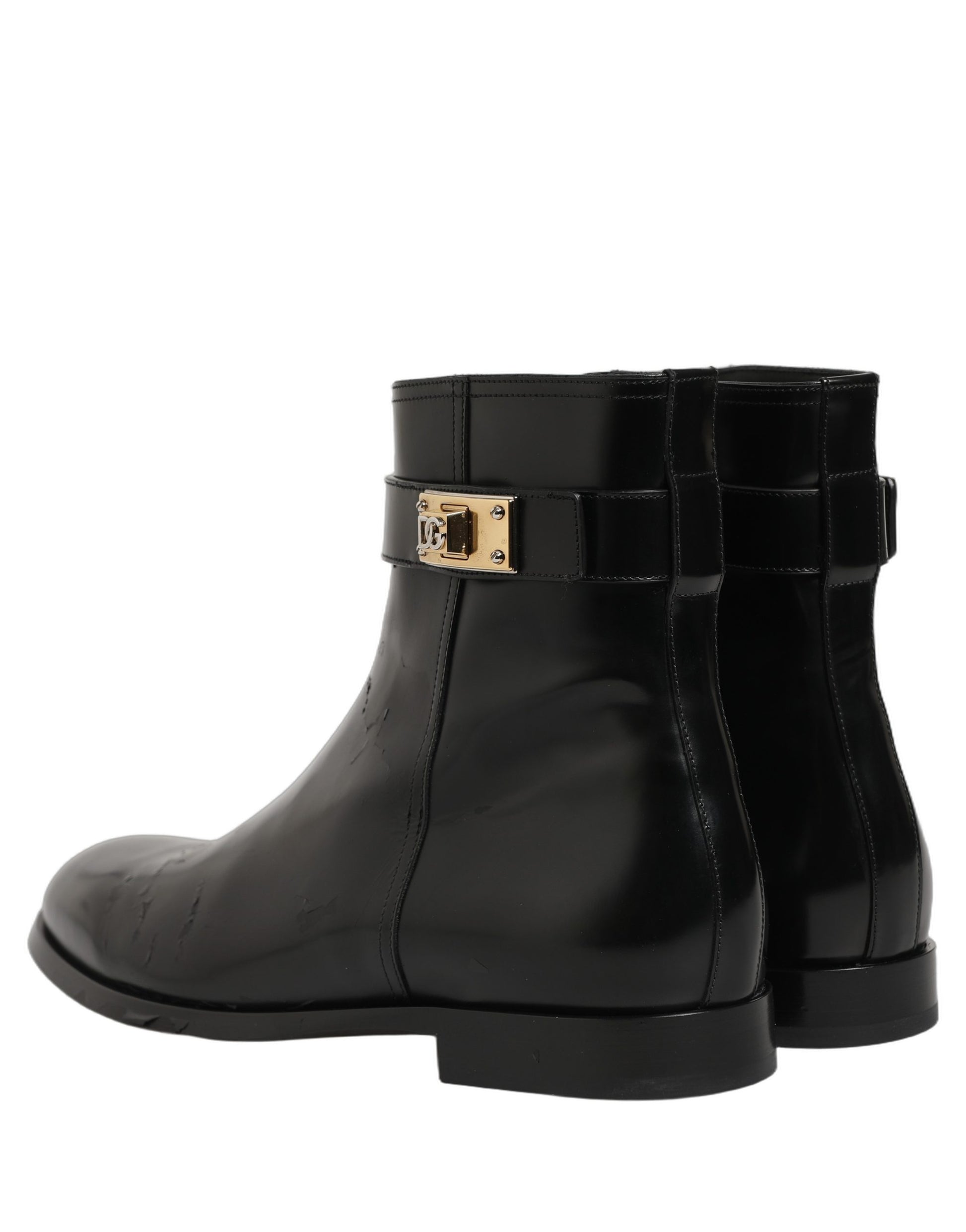 Black Leather Logo Buckle Mid Calf Boots Shoes