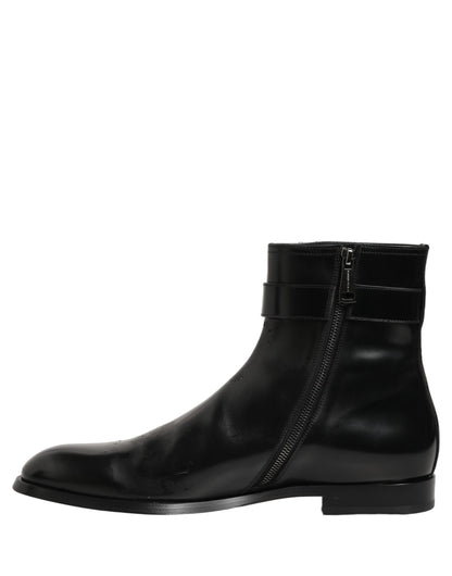 Black Leather Logo Buckle Mid Calf Boots Shoes