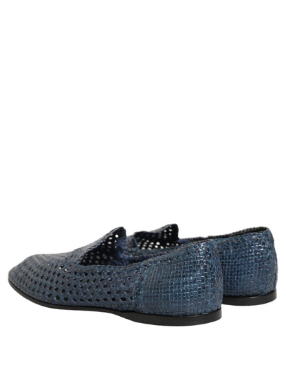 Blue Woven Raffia Slip On Loafers Men Shoes