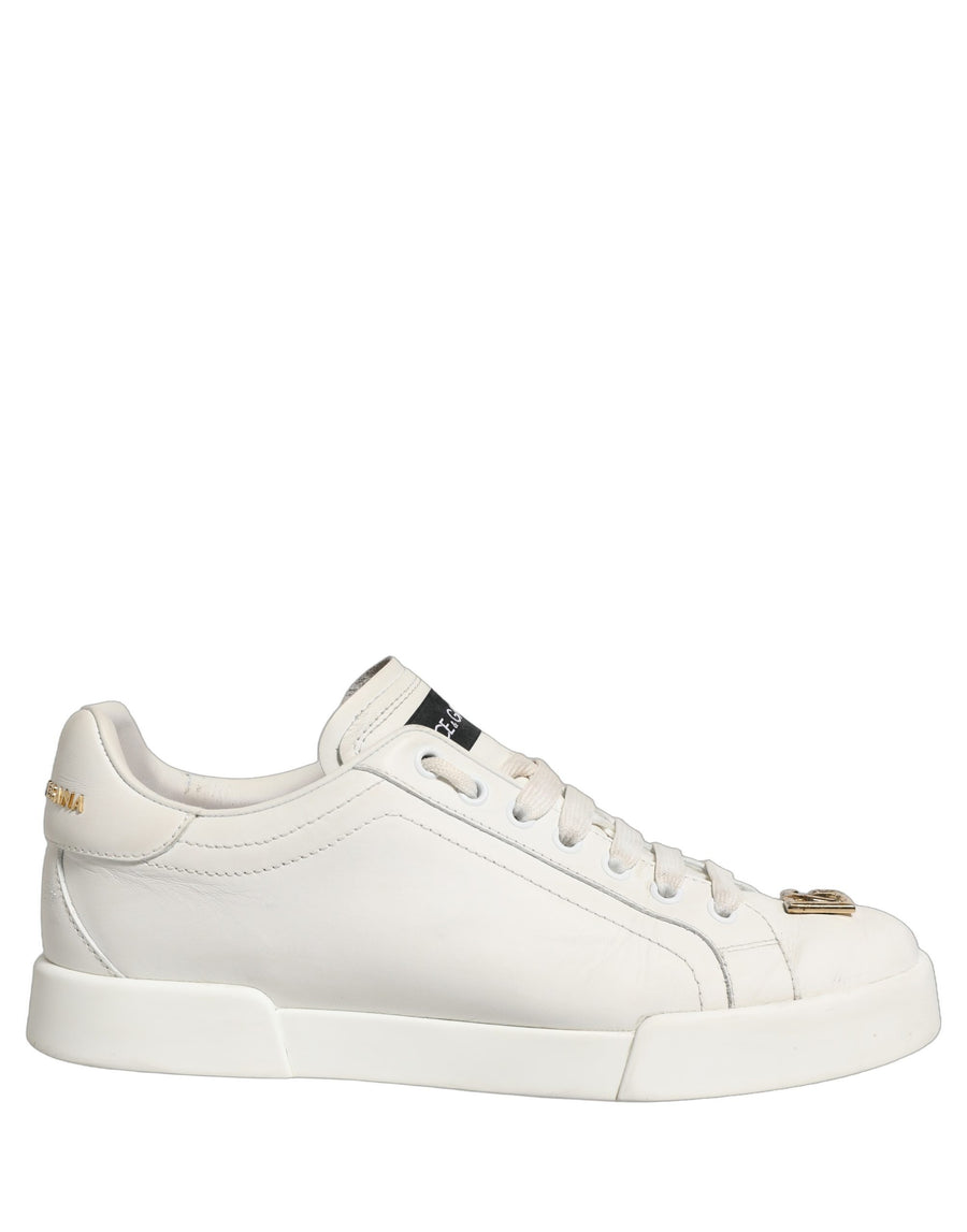 White Leather Logo Plaque Low Top Sneakers Shoes