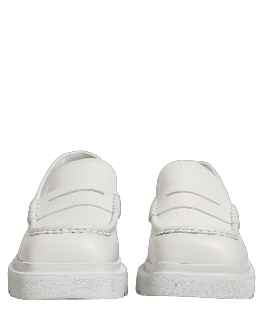 White Leather Chunky Sole Slip On Derby Shoes