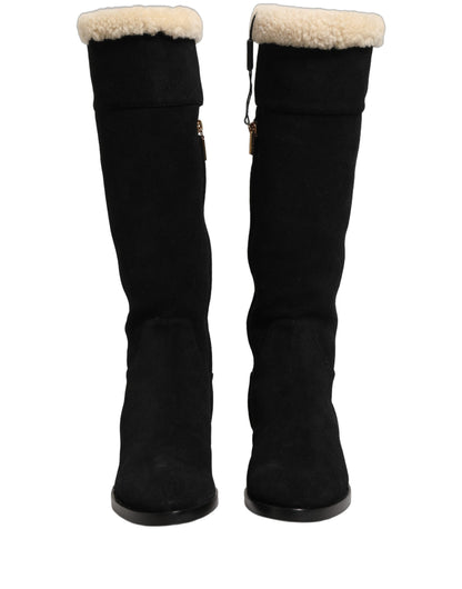 Black Suede Leather Knee High Boots Shoes