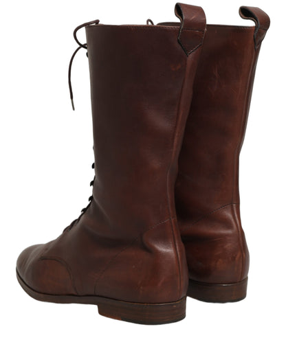 Brown Leather Lace Up Mid Calf Boots Shoes