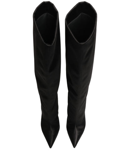 Black Satin Knee High Stiletto Boots Shoes