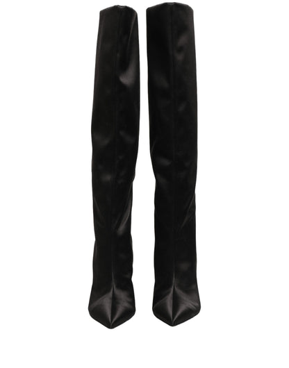 Black Satin Knee High Stiletto Boots Shoes
